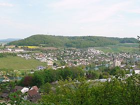 Cholfirst, von Neuhausen am Rheinfall aus gesehen mit Rhein und Flurlingen