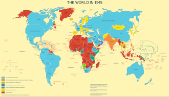 Map of the world in 1945, showing United Nations Trusteeship Council territories in green Decolonization - World In 1945 en.svg