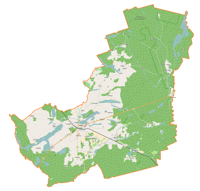 Mapa konturowa gminy Dobiegniew, blisko centrum po lewej na dole znajduje się punkt z opisem „Dobiegniew”
