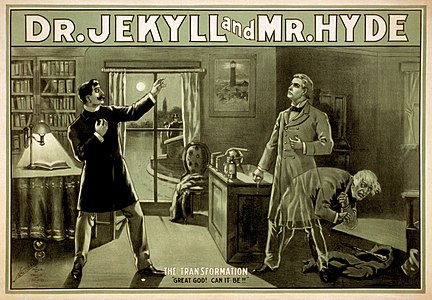 1880'li yıllarda, İskoç yazar Robert Louis Stevenson'ın 1886'da yazdığı Dr. Jekyll ve Mr. Hyde adlı romanı tanıtmak için kullanılan afiş. Roman, saygın bir insan olan Dr. Henry Jekyll'in zaman zaman kişilik bölünmesi sonucu canavarca davranışlarda bulunan Edward Hyde'a dönüşmesini konu almaktadır. (Üreten: Chicago: National Prtg. & Engr. Co.)
