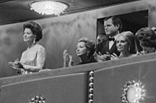 Rose Kennedy and Ted Kennedy in the presidential box during the center's opening gala on September 8, 1971 Gala opening of J.F.K. Performing Arts Center (Presidential box - Kennedy family, including Rose Kennedy) (cropped1).jpg