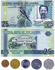 Gambijská bankovka a mince