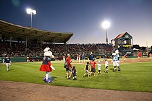 Minor League mascots at a Pawtucket Red Sox Triple-A game in Pawtucket, Rhode Island in August 2016 Game IMG 2831 (29499983106).jpg