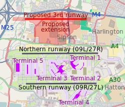 ☎∈ Map of London Heathrow Airport showing proposed extension and third runway.
