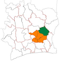 Location of Iffou Region (green) in Ivory Coast and in Lacs District