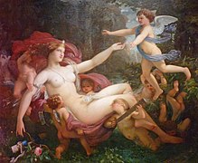 Peinture d'une femme nue portée par des anges.