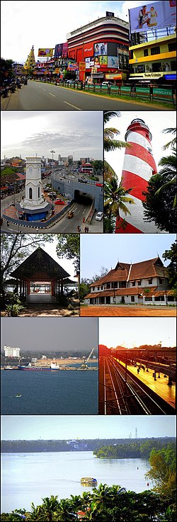 From top clockwise: RP Mall, Tangasseri Lighthouse, British Residency, Kollam Junction railway station, Ashtamudi Lake, Kollam Port, Asramam Adventure Park, Chinnakada Clock Tower