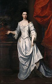 Portrait à l'huile d'une femme en robe blanche.