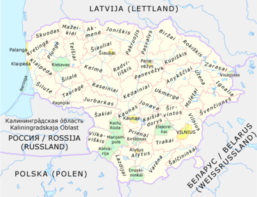 Grafische Karte Litauens mit den Verwaltungsbezirken. Die Stadtgemeinden und neuen Gemeinden sind farbig markiert.