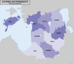 Administrative divisions of the Governorate of Livonia (as of 1914) LivoniaGovernorate1914.png