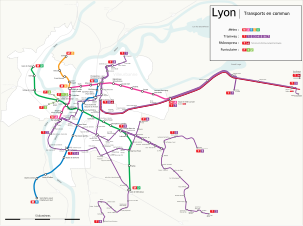 Plan du réseau de transports en commun lyonnais.