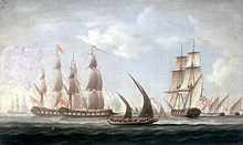 Mahratta pirates attacking the sloop 'Aurora', of the Bombay Marine, 1812; beginning of the action.jpg