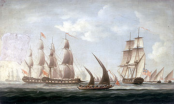 Mahratta pirates attacking the sloop 'Aurora', of the Bombay Marine, 1812; beginning of the action.jpg