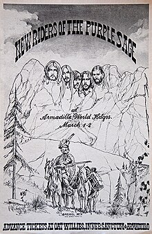 "New Riders of the Purple Sage"
1974 Armadillo World Headquarters poster
(Michael Edward Arth (de)
graphic artist) Michael E. Arth-New Riders of the Purple Sage poster 1974-lo rez.jpg