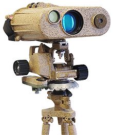 A long-range laser rangefinder is capable of measuring distance up to 20 km; mounted on a tripod with an angular mount. The resulting system also provides azimuth and elevation measurements. Military Laser rangefinder LRB20000.jpg