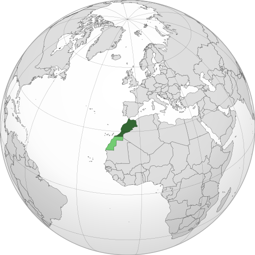 Location of Morocco in northwest Africa. Dark green: Undisputed territory of Morocco. Lighter green: Western Sahara, a territory claimed as well as occupied mostly by Morocco as its Southern Provinces[note 1]
