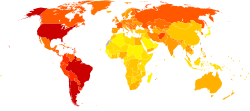 Disability-adjusted life year for neuropsychiatric conditions per 100,000 inhabitants in 2002
.mw-parser-output .div-col{margin-top:0.3em;column-width:30em}.mw-parser-output .div-col-small{font-size:90%}.mw-parser-output .div-col-rules{column-rule:1px solid #aaa}.mw-parser-output .div-col dl,.mw-parser-output .div-col ol,.mw-parser-output .div-col ul{margin-top:0}.mw-parser-output .div-col li,.mw-parser-output .div-col dd{page-break-inside:avoid;break-inside:avoid-column}
.mw-parser-output .legend{page-break-inside:avoid;break-inside:avoid-column}.mw-parser-output .legend-color{display:inline-block;min-width:1.25em;height:1.25em;line-height:1.25;margin:1px 0;text-align:center;border:1px solid black;background-color:transparent;color:black}.mw-parser-output .legend-text{}
no data
less than 10
10-20
20-30
30-40
40-50
50-60
60-80
80-100
100-120
120-140
140-150
more than 150 Neuropsychiatric conditions world map - DALY - WHO2002.svg