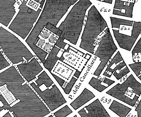 San Lorenzo in Damaso (nummer 645) på Giovanni Battista Nollis topografiska karta över Rom från år 1748.