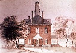 Watercolor by J.S. Glennie of original two-story brick state house, 1811