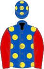 Royal blue, yellow spots, red sleeves