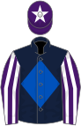 Dark blue, royal blue diamond, purple and white striped sleeves, purple cap, white star