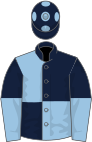 Dark and light blue (quartered), halved sleeves, dark blue cap, light blue spots