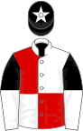 Red and white (quartered), black and white halved sleeves, black cap, white star