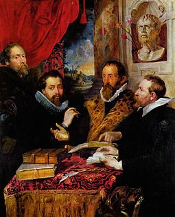 The Four Philosophers (c. 1615. Oil on panel; 167 x 143 cm, Pitti Palace, Florence). In his friendship portrait of himself, his brother Philip Rubens, Justus Lipsius and Jan van den Wouwer (left to right), the painter Rubens's self-portrait on the left is an example of a figural repoussoir that is further accentuated by the flowing red curtain.