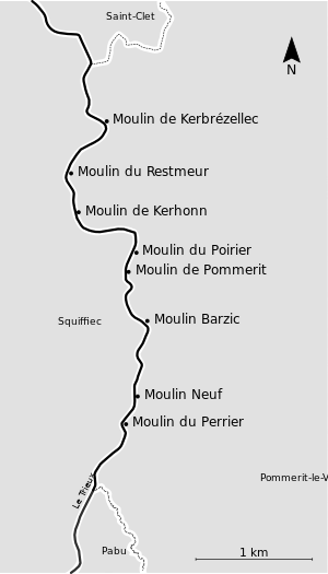 Liste et situation des moulins à eau du Trieux sur la commune de Pommerit-le-Vicomte