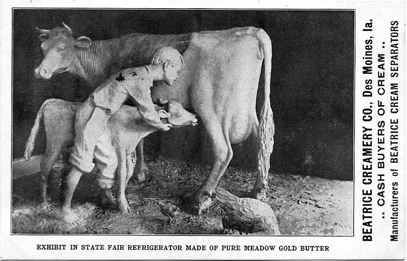 File:Postcard of John K. Daniels’s butter sculpture of a boy, cow, and calf, Iowa State Fair, 1904.jpg