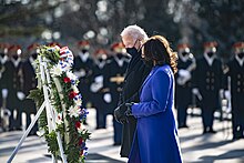 Biden and Harris lay a wreath at the Tomb of the Unknown Soldier at Arlington National Cemetery President Joseph R. Biden, Jr. and Vice President Kamala Harris participated in a Presidential Armed Forces Full Honors Wreath-Laying Ceremony at the Tomb of the Unknown Soldier at Arlington National Cemetery (50857647541).jpg