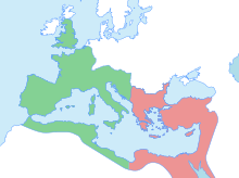 Division of the empire after the death of Theodosius I in 395.
.mw-parser-output .legend{page-break-inside:avoid;break-inside:avoid-column}.mw-parser-output .legend-color{display:inline-block;min-width:1.25em;height:1.25em;line-height:1.25;margin:1px 0;text-align:center;border:1px solid black;background-color:transparent;color:black}.mw-parser-output .legend-text{}
The Western Roman Empire
The Byzantine/Eastern Roman Empire Roman-empire-395AD.svg