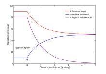 A plot showing a spin up, spin down, and the resulting spin polarized population of electrons. Inside a spin injector, the polarization is constant, while outside the injector, the polarization decays exponentially to zero as the spin up and down populations go to equilibrium. Spin Injection.svg