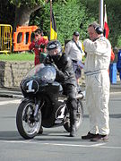 Start of 500 cc Classic Senior Manx Grand Prix – Alan Oversby (1) 500 cc Matchless TT Grandstand Wednesday 29 August 2012