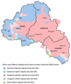 Mapa étnico Harghita, Covasna, y Mureș basado en datos de 2002, mostrando las áreas de mayoría sícula