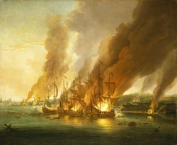 Battle of La Hogue, (1692) by Adriaen van Diest. The last act of the battle - French ships set on fire at La Hogue. The Battle of La Hogue, 23 May 1692 RMG BHC0337.tiff