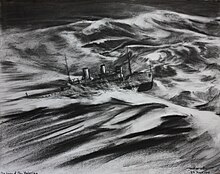 Black and white illustration of a ship battling strong waves.
