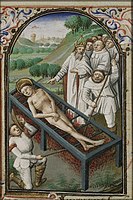 The martyrdom of St. Laurence of Rome - he is roasted on a gridiron - miniature on folio 073v