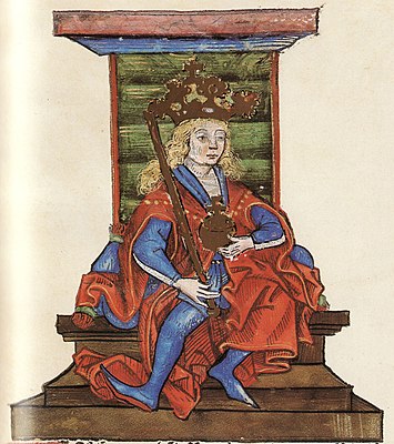 Chronica Hungarorum, Thuróczy chronicle, King Stephen V of Hungary, throne, crown, orb, scepter, medieval, Hungarian chronicle, book, illustration, history