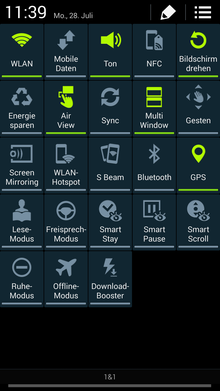 The control menu of the Galaxy Note 3, featuring 23 quick toggles. The "download booster" feature, initially featured on the Samsung Galaxy S5, was retrofitted with the Android 4.4.2 update. TouchWiz 2013 control menu.png