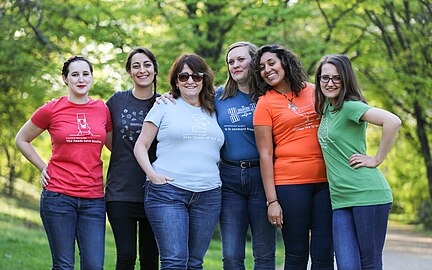 Women of Wikimedia Conference Berlin model Wikipedia 15 t-shirts, Jorid Martinsen (WMNO) in the dark blue one