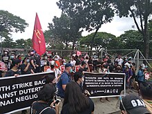 Youth Strike, November 17, 2020, in front of Ateneo de Manila University, was one of the physical protests that criticized government handling of the pandemic, among other issues Youth Strike November 17, 2020 outside Ateneo de Manila.jpg