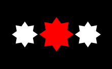 Two eight-sided white stars flank a central and larger eight-sided red star