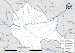 Carte en couleur présentant le réseau hydrographique de la commune