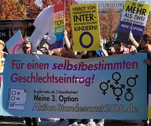 13 October 2018: protest for third gender in front of the Bundeskanzleramt Aktion Standesamt 2018 Abschlusskundgebung vor dem Kanzleramt in Berlin 46 (cropped).png