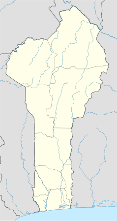 Mapa konturowa Beninu, blisko centrum na lewo znajduje się punkt z opisem „Djougou”