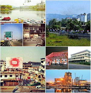 By clockwise : Bongaigaon Railway Crossing view of Mayapuri area, Night view of New Bongaigaon Junction railway station