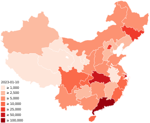 Případy nakažených osob v pevninské Číně dle provincií (23. března 2020)[1]