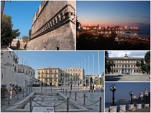 A collage of Bari, Top left: Swabian Castle, Top right: Night in Pane e Pomodoro Beach, Bottom left: Ferrarese Square, Bottom upper right: Bari University in Andrea da Bari street, Bottom lower right: picture of Punta Perotti seaside area