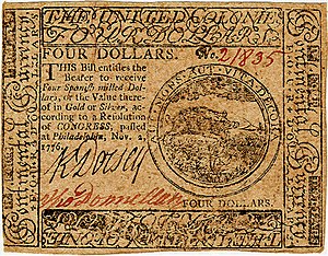 Continental Currency $4 banknote obverse (November 2, 1776).jpg